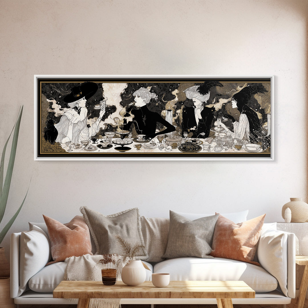 The Witches' Tea Party, Decadent Line Art, Extra Wide Wall Art, Dark Fantasy Wall Art, Framed Canvas Print, Halloween Wall Art