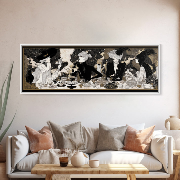 The Witches' Tea Party, Decadent Line Art, Extra Wide Wall Art, Dark Fantasy Wall Art, Framed Canvas Print, Halloween Wall Art