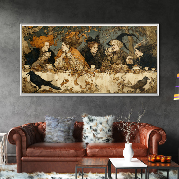 The Witches' Tea Party, Gothic Storybook Art, Wide Panoramic Art, Dark Halloween Decor, Framed Canvas Print, Halloween Wall Art