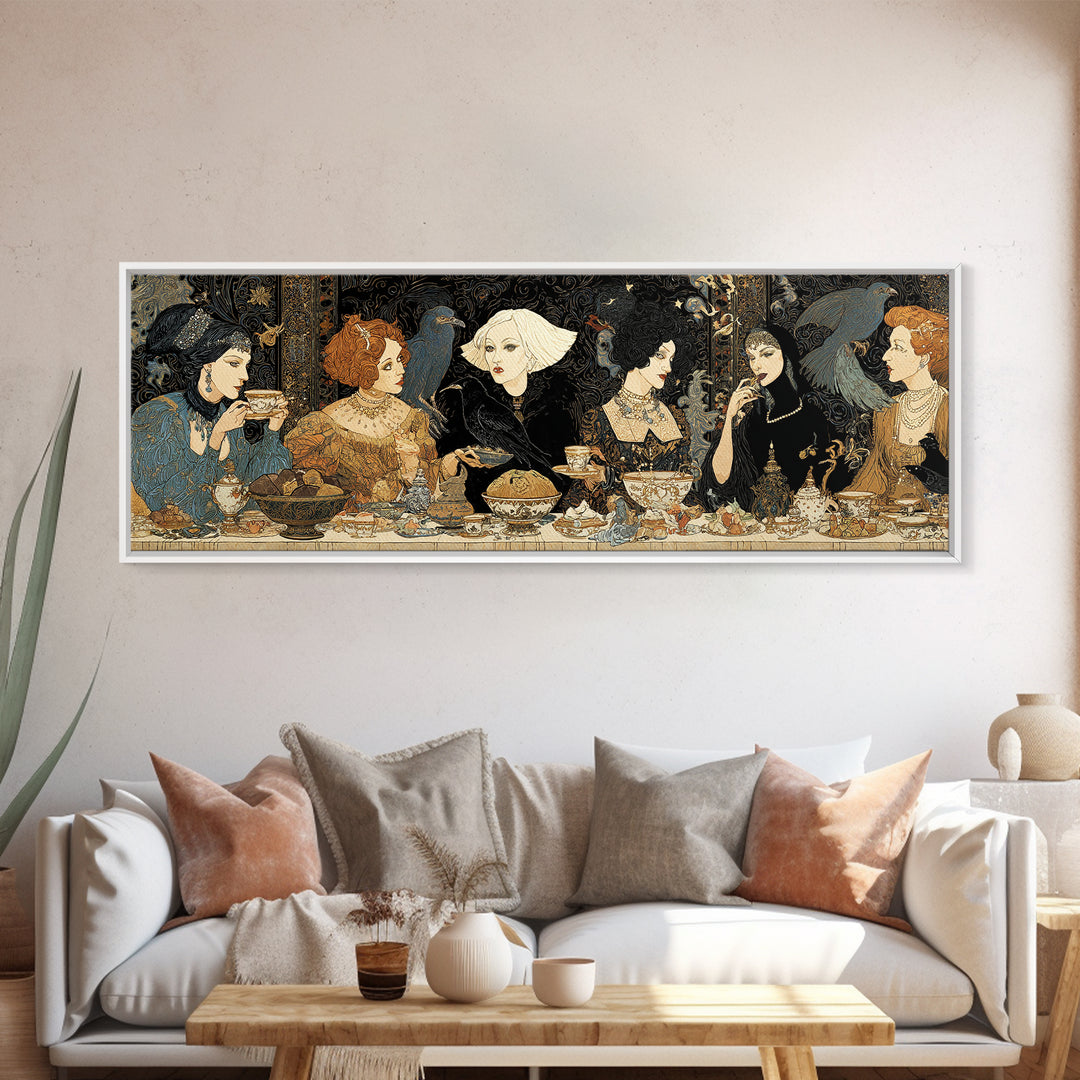 The Witches' Tea Party, Stained Glass Gothic Art, Extra Wide Wall Art, Dark Fantasy Wall Art, Framed Canvas Print, Halloween Wall Art