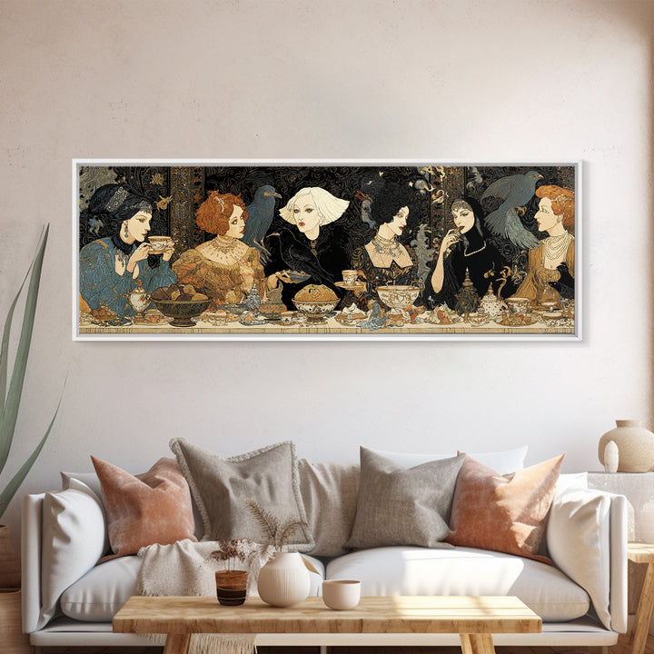 The Witches' Tea Party, Stained Glass Gothic Art, Extra Wide Wall Art, Dark Fantasy Wall Art, Framed Canvas Print, Halloween Wall Art