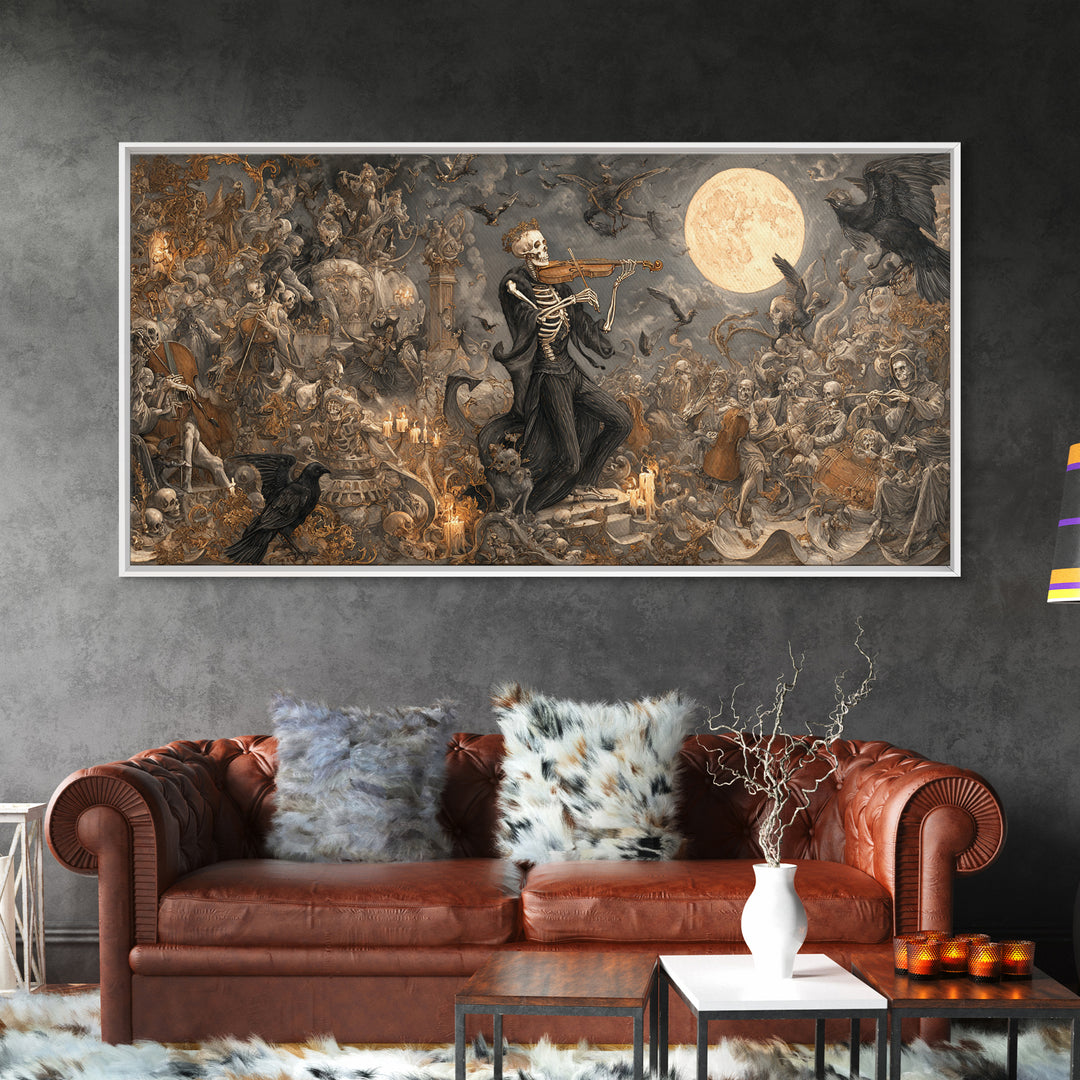 The Skeleton Orchestra, Medieval Grotesque Art, Wide Panoramic Art, Macabre Wall Art, Canvas Print, Halloween Wall Art