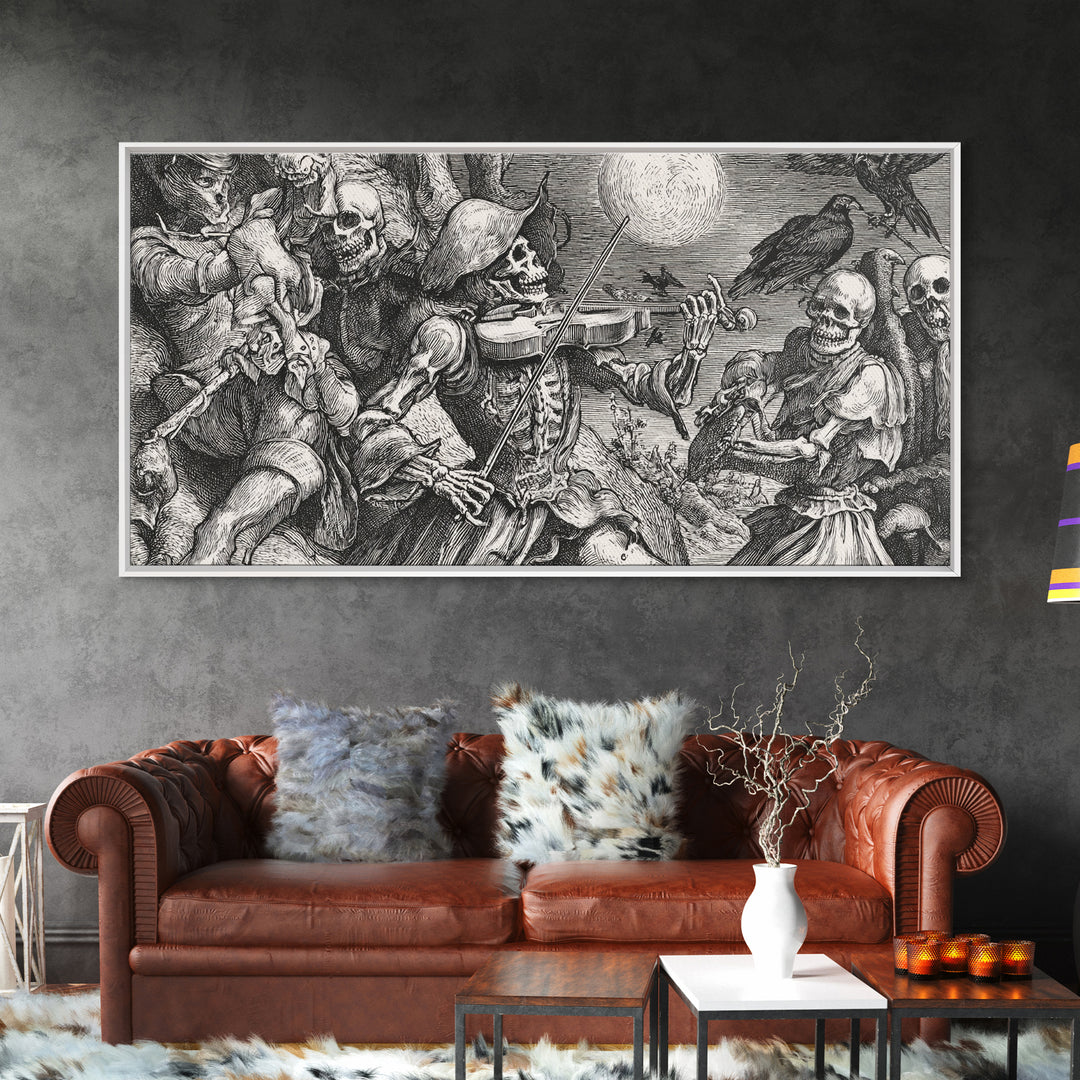 The Skeleton Orchestra, Renaissance Engraving Art, Wide Panoramic Art, Macabre Wall Art, Framed Canvas Print, Halloween Wall Art