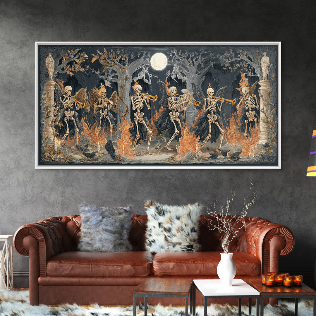 The Skeleton Orchestra, Visionary Gothic Art, Wide Panoramic Art, Dark Halloween Decor, Framed Canvas Print, Halloween Wall Art