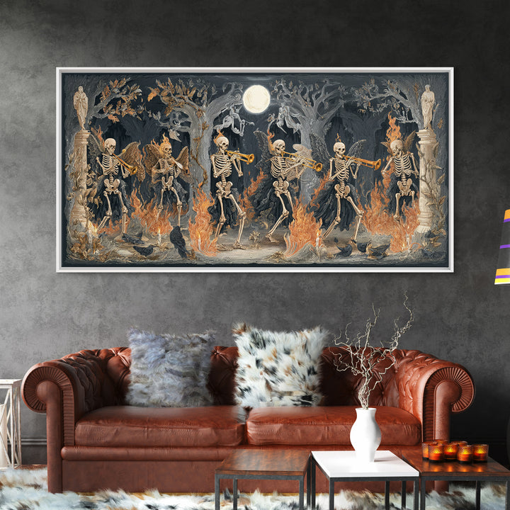 The Skeleton Orchestra, Visionary Gothic Art, Wide Panoramic Art, Dark Halloween Decor, Framed Canvas Print, Halloween Wall Art