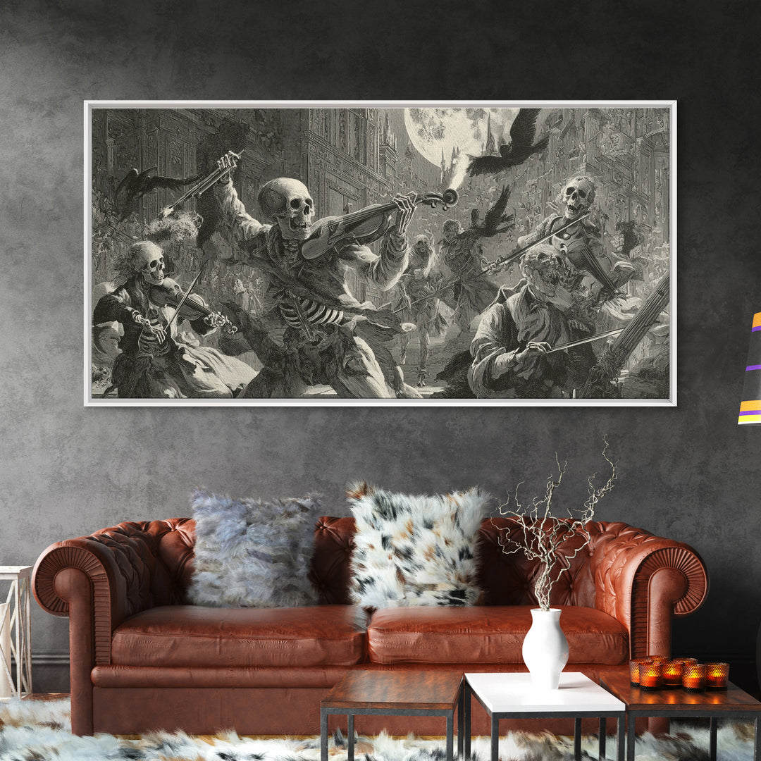 The Skeleton Orchestra, Architectural Etching Art, Wide Panoramic Art, Dark Halloween Decor, Framed Canvas Print
