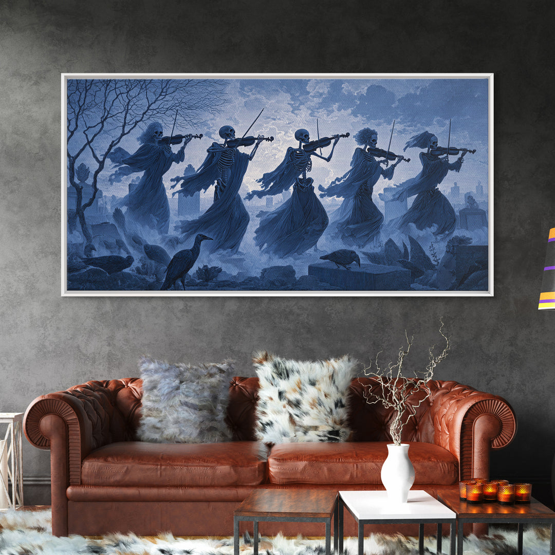 The Skeleton Orchestra, Romantic Gothic Landscape, Wide Panoramic Art, Dark Halloween Decor, Canvas Print, Halloween Wall Art