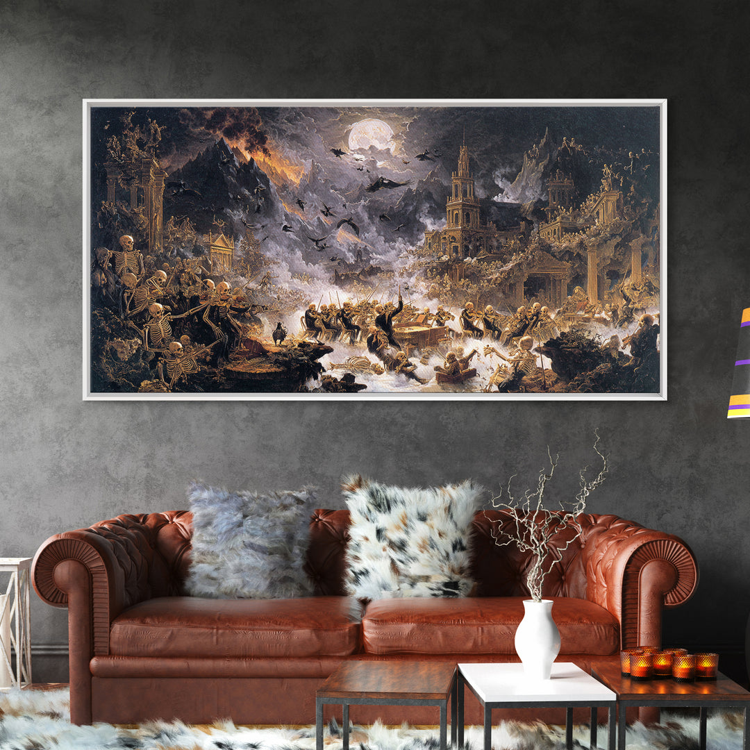 The Skeleton Orchestra, Apocalyptic Romantic Art, Wide Panoramic Art, Gothic Horror Wall Art, Framed Canvas Print, Halloween Wall Art