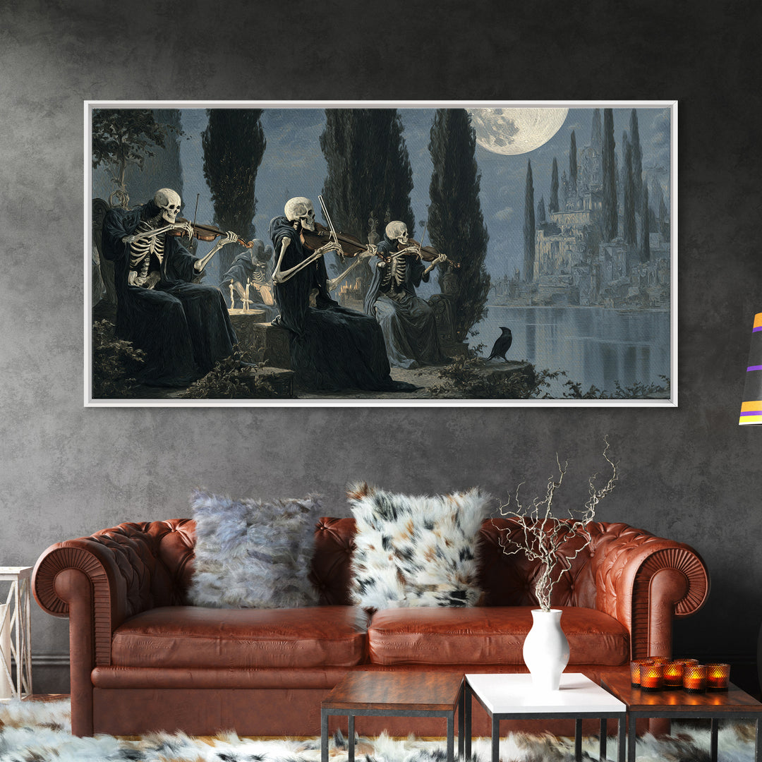 The Skeleton Orchestra, Symbolist Gothic Landscape, Wide Panoramic Art, Dark Halloween Decor, Canvas Print, Halloween Wall Art