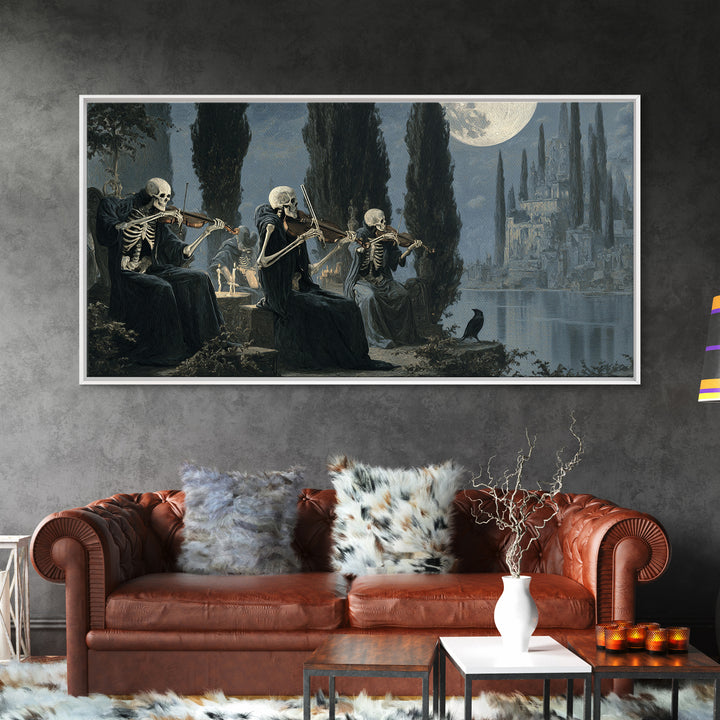 The Skeleton Orchestra, Symbolist Gothic Landscape, Wide Panoramic Art, Dark Halloween Decor, Canvas Print, Halloween Wall Art