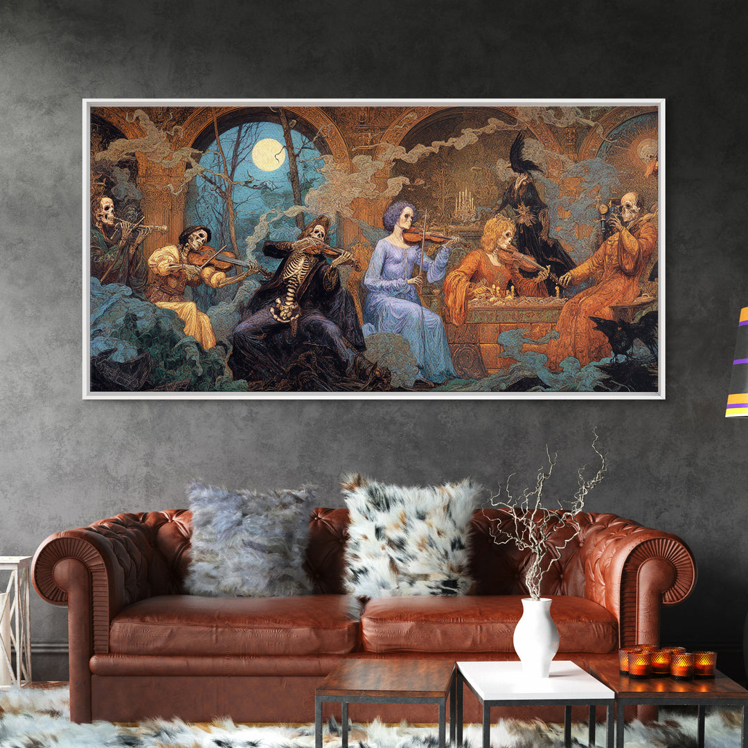 The Skeleton Orchestra, Ornate Symbolist Art, Wide Panoramic Art, Dark Fantasy Wall Art, Canvas Print, Halloween Wall Art