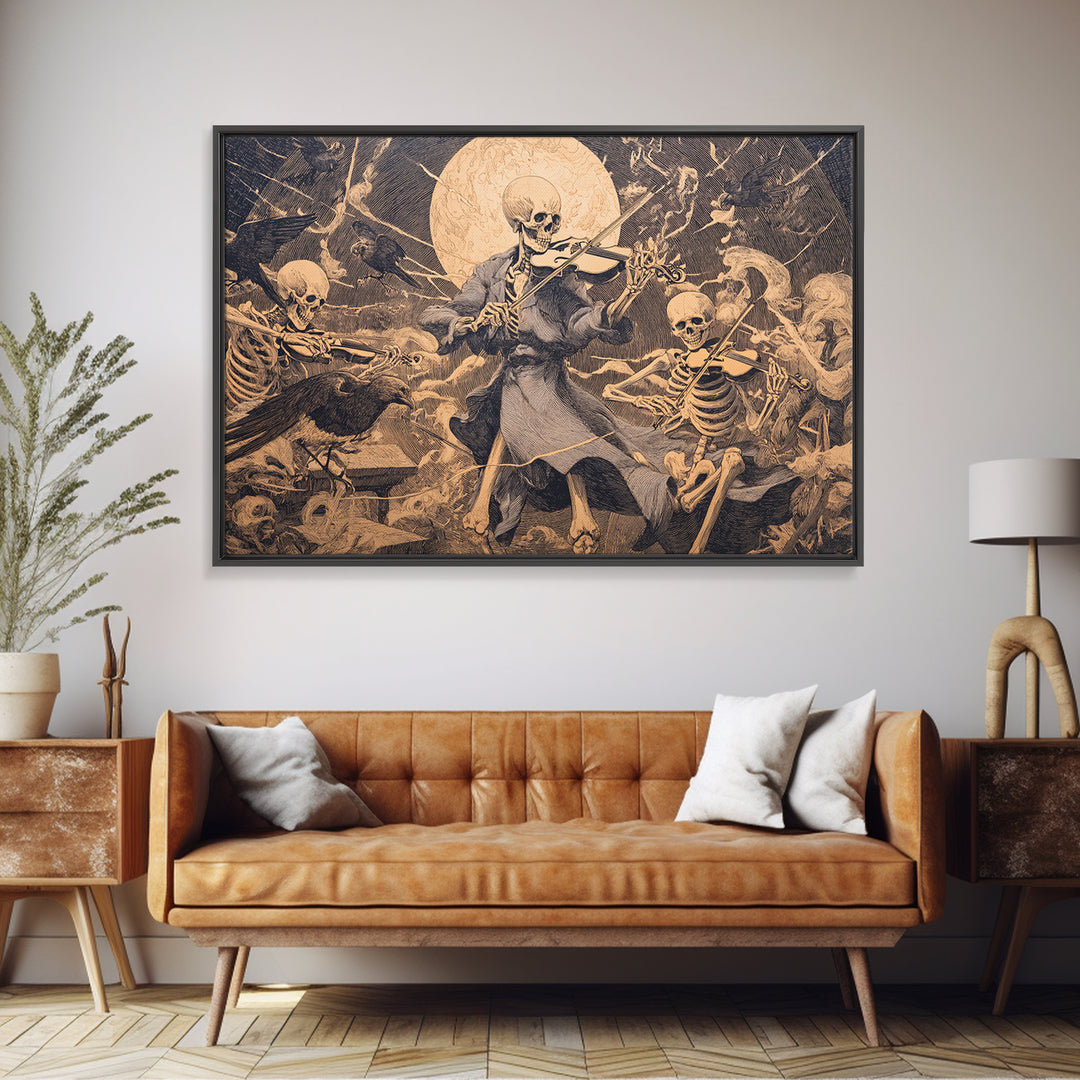 The Skeleton Orchestra, Symbolist Etching Art, Landscape Wall Art, Macabre Wall Art, Framed Canvas Print, Halloween Wall Art