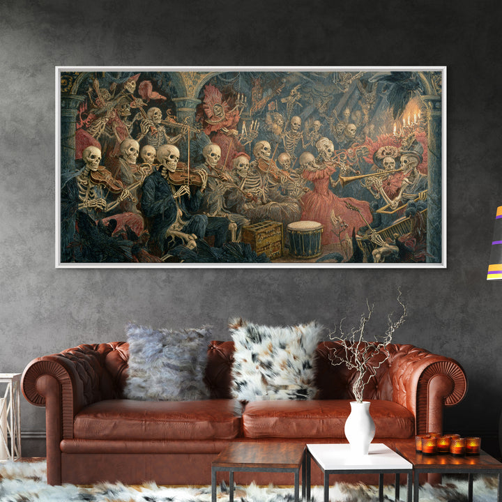 The Skeleton Orchestra, Grotesque Carnival Art, Wide Panoramic Art, Dark Fantasy Wall Art, Canvas Print, Halloween Wall Art