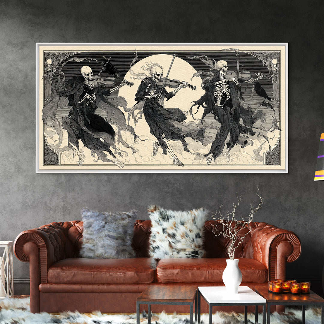 The Skeleton Orchestra, Decadent Line Art, Wide Panoramic Art, Gothic Horror Wall Art, Framed Canvas Print, Halloween Wall Art