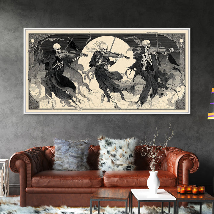 The Skeleton Orchestra, Decadent Line Art, Wide Panoramic Art, Gothic Horror Wall Art, Framed Canvas Print, Halloween Wall Art