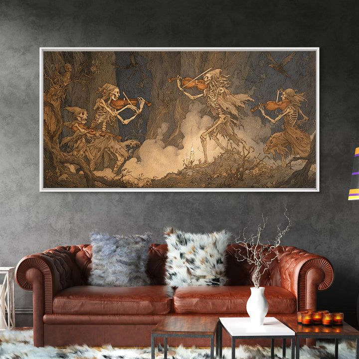 The Skeleton Orchestra, Gothic Storybook Art, Wide Panoramic Art, Dark Fantasy Wall Art, Framed Canvas Print, Halloween Wall Art