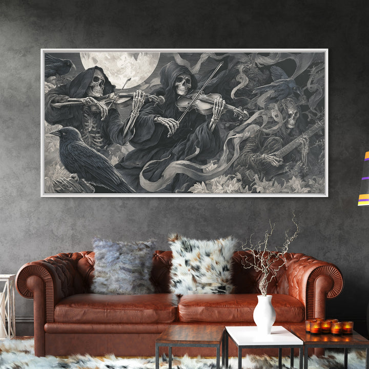 The Skeleton Orchestra, Biomechanical Horror Art, Wide Panoramic Art, Macabre Wall Art, Framed Canvas Print, Halloween Wall Art