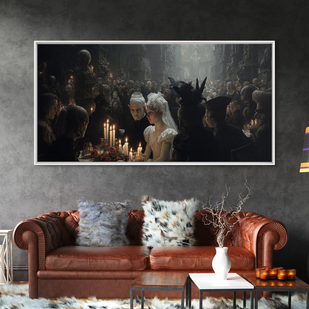 The Ghost Wedding, Medieval Grotesque Art, Wide Panoramic Art, Dark Halloween Decor, Canvas Print, Halloween Wall Art
