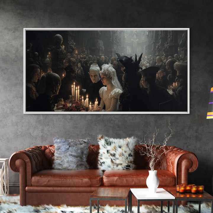 The Ghost Wedding, Medieval Grotesque Art, Wide Panoramic Art, Dark Halloween Decor, Canvas Print, Halloween Wall Art