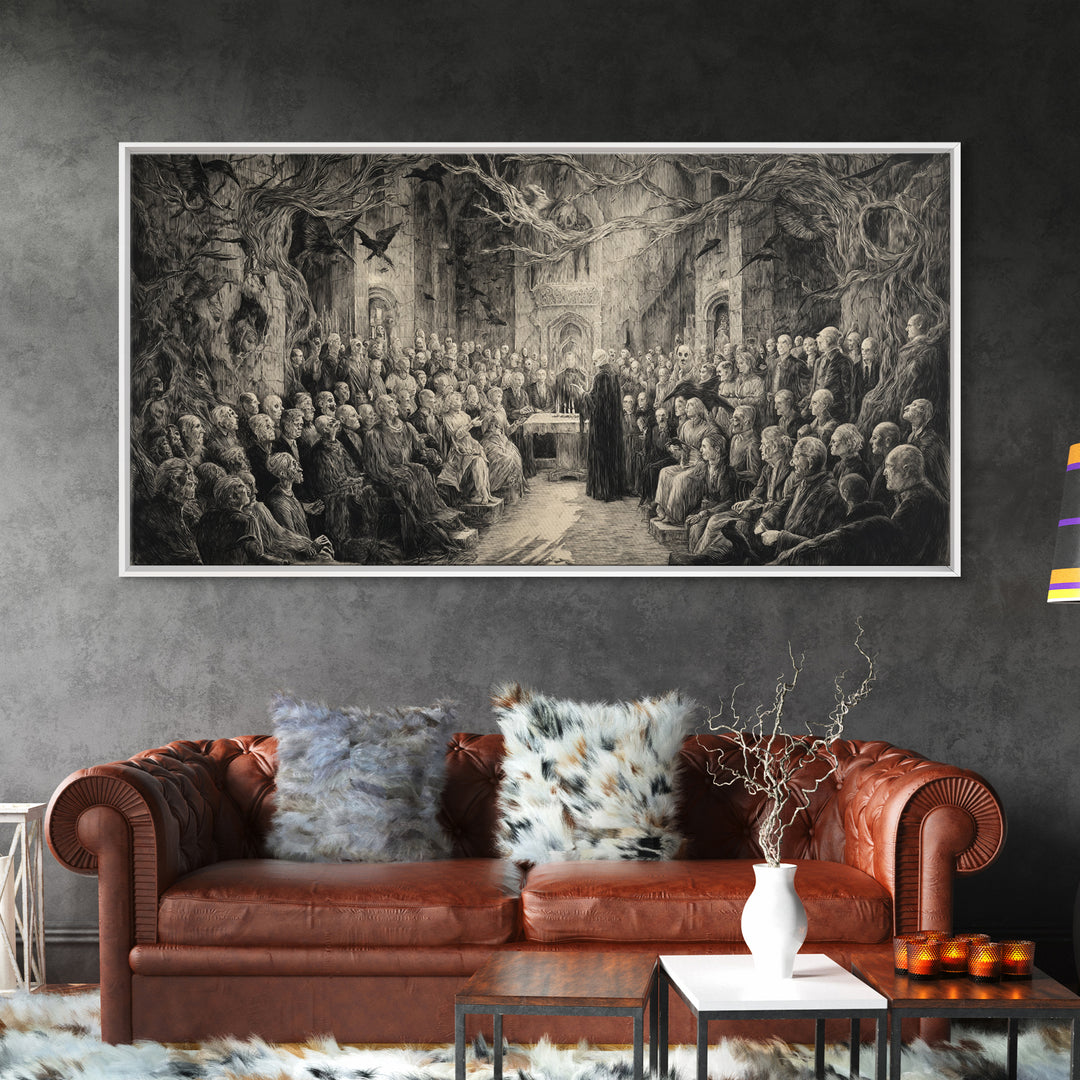 The Ghost Wedding, Expressionist Nightmare Art, Wide Panoramic Art, Dark Fantasy Wall Art, Framed Canvas Print, Halloween Wall Art
