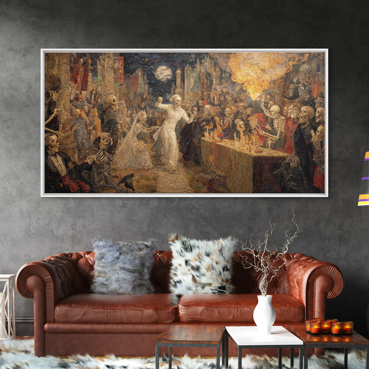 The Ghost Wedding, Grotesque Carnival Art, Wide Panoramic Art, Dark Halloween Decor, Framed Canvas Print, Halloween Wall Art