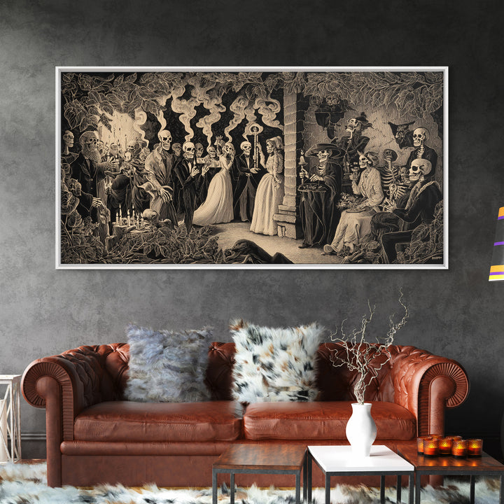 The Ghost Wedding, Macabre Folk Print Art, Wide Panoramic Art, Macabre Wall Art, Framed Canvas Print, Halloween Wall Art