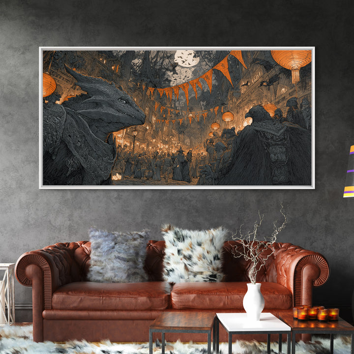 The Monster Parade, Gothic Engraving Art, Wide Panoramic Art, Dark Fantasy Wall Art, Framed Canvas Print, Halloween Wall Art