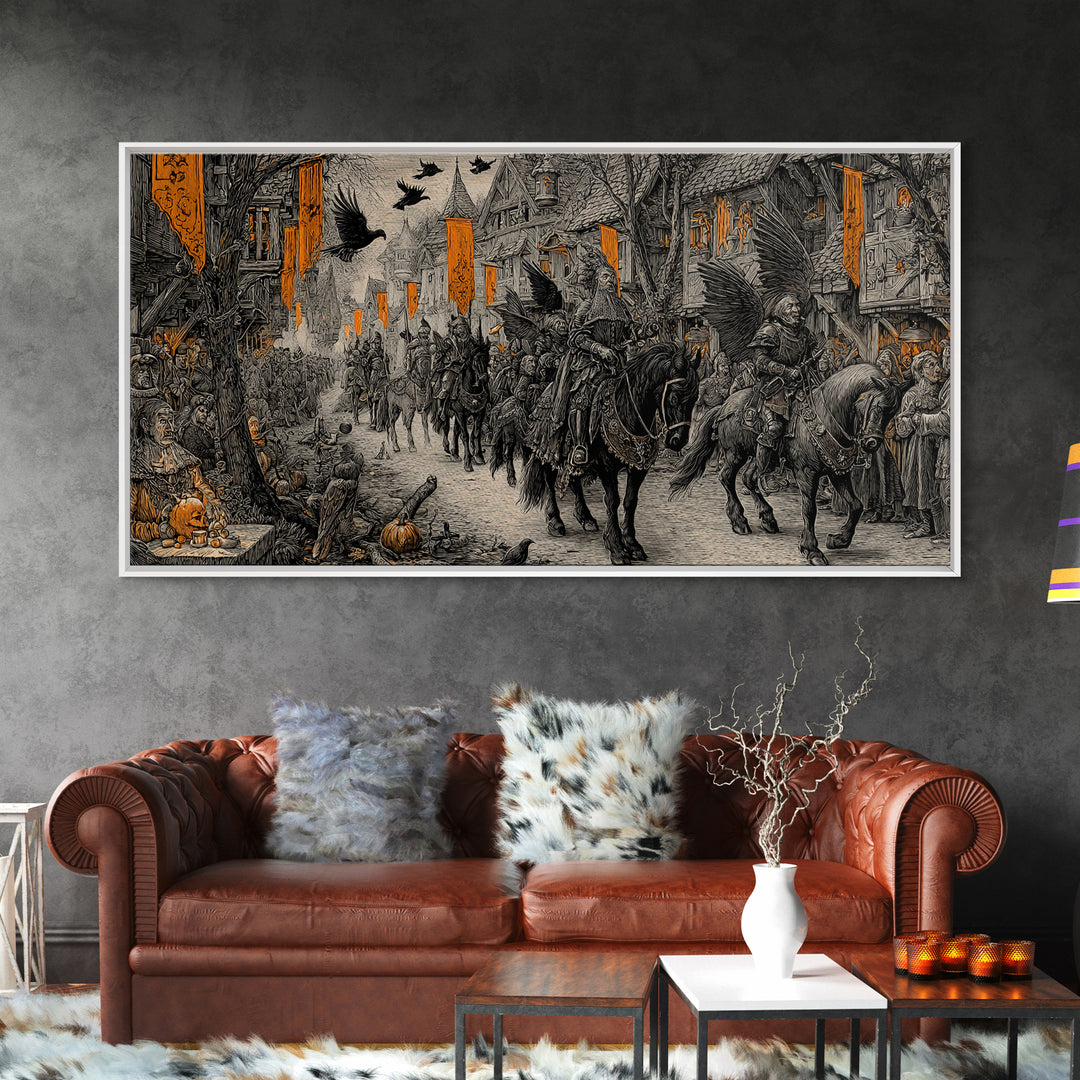 The Monster Parade, Renaissance Engraving Art, Wide Panoramic Art, Dark Fantasy Wall Art, Framed Canvas Print, Halloween Wall Art