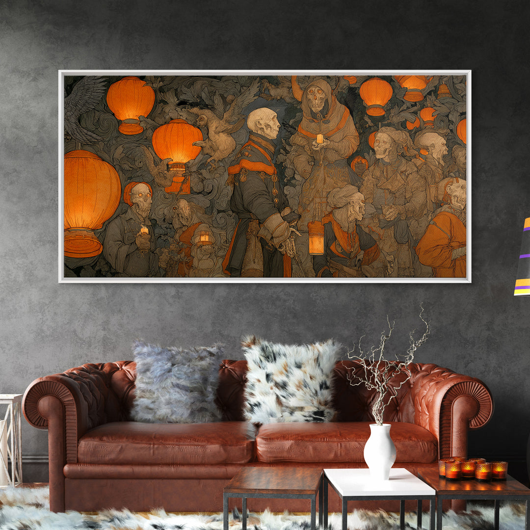 The Monster Parade, Danse Macabre Art, Wide Panoramic Art, Macabre Wall Art, Framed Canvas Print, Halloween Wall Art
