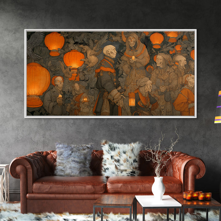The Monster Parade, Danse Macabre Art, Wide Panoramic Art, Macabre Wall Art, Framed Canvas Print, Halloween Wall Art