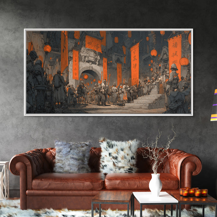 The Monster Parade, Architectural Etching Art, Wide Panoramic Art, Macabre Wall Art, Canvas Print, Halloween Wall Art