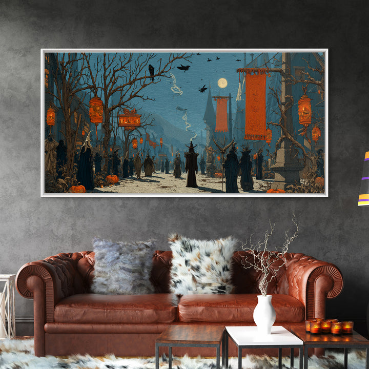 The Monster Parade, Romantic Gothic Landscape, Wide Panoramic Art, Dark Halloween Decor, Canvas Print, Halloween Wall Art