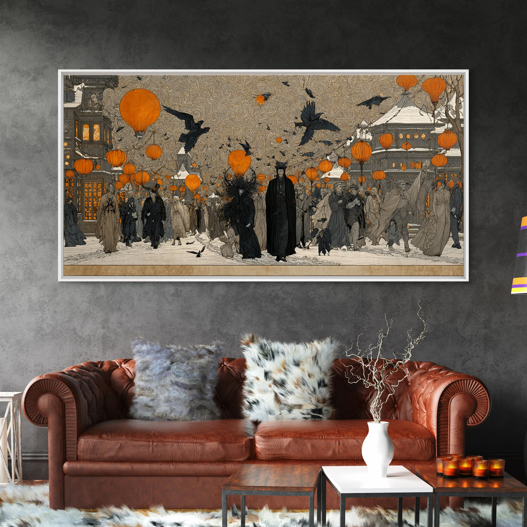 The Monster Parade, Symbolist Death Art, Wide Panoramic Art, Gothic Horror Wall Art, Canvas Print, Halloween Wall Art