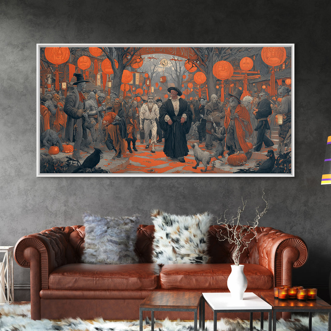 The Monster Parade, Symbolist Etching Art, Wide Panoramic Art, Gothic Horror Wall Art, Canvas Print, Halloween Wall Art, Halloween Decor