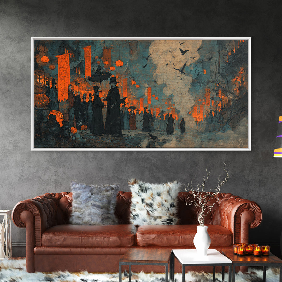 The Monster Parade, Expressionist Gothic Art, Wide Panoramic Art, Dark Halloween Decor, Canvas Print, Halloween Wall Art
