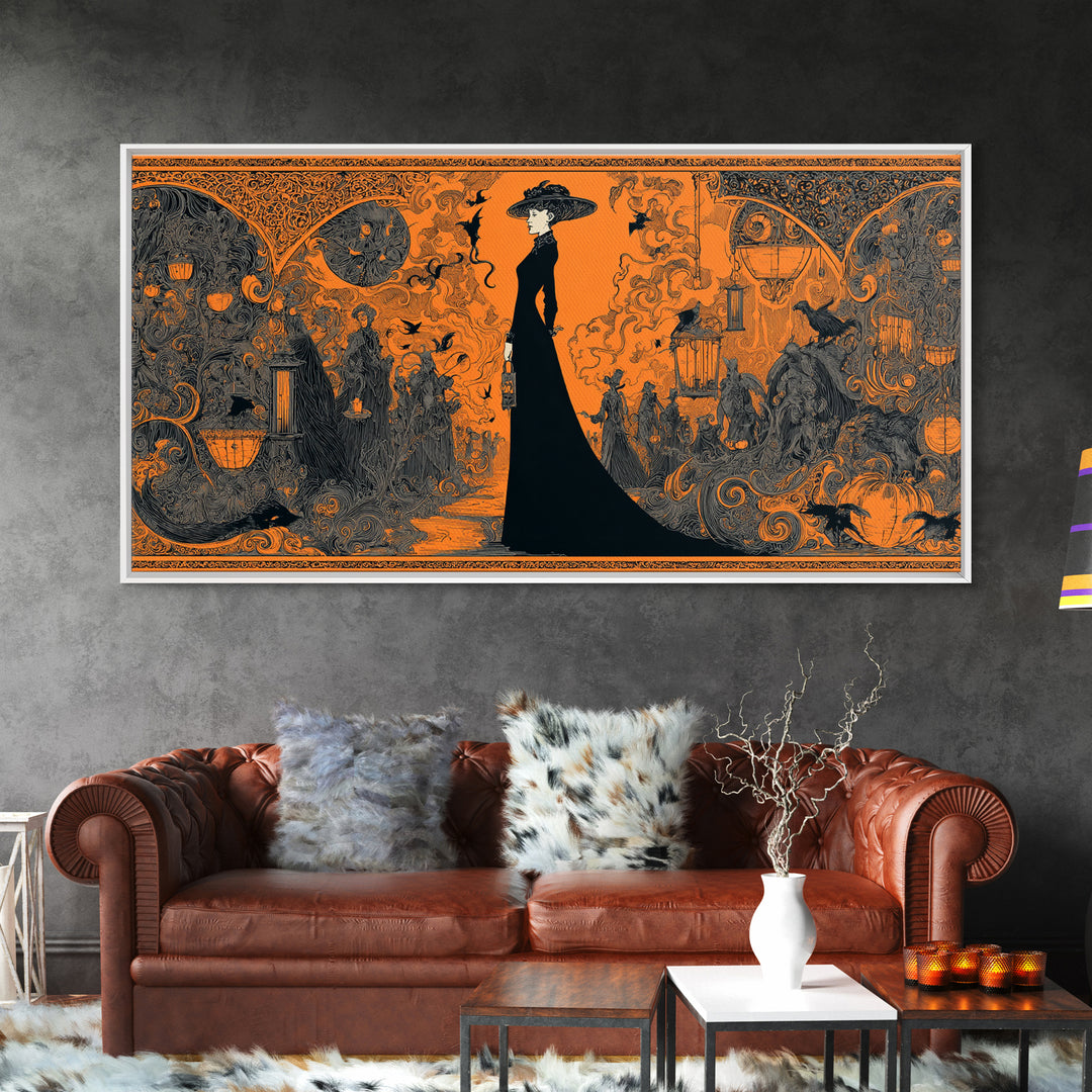 The Monster Parade, Decadent Line Art, Wide Panoramic Art, Gothic Horror Wall Art, Framed Canvas Print, Halloween Wall Art