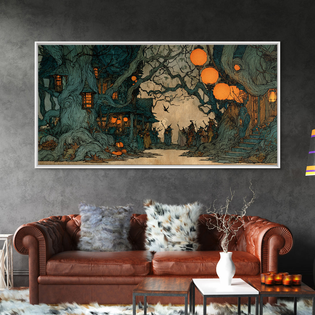 The Monster Parade, Gothic Storybook Art, Wide Panoramic Art, Dark Fantasy Wall Art, Framed Canvas Print, Halloween Wall Art