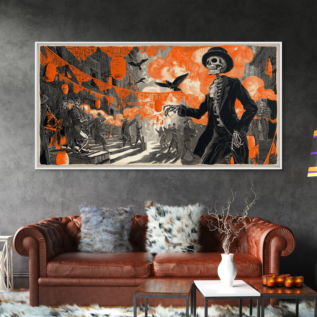 The Monster Parade, Macabre Folk Print Art, Wide Panoramic Art, Gothic Horror Wall Art, Canvas Print, Halloween Wall Art