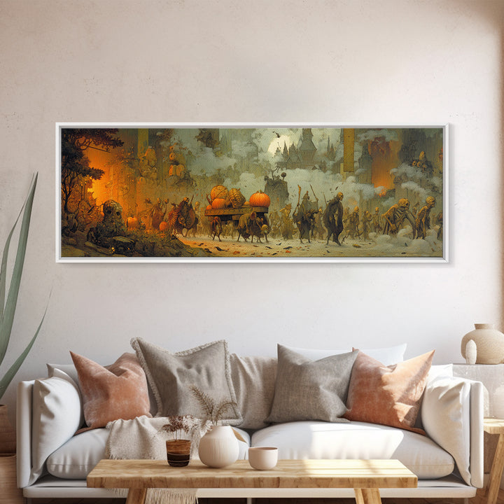 The Monster Parade, Surreal Apocalyptic Art, Extra Wide Wall Art, Dark Halloween Decor, Framed Canvas Print, Halloween Wall Art