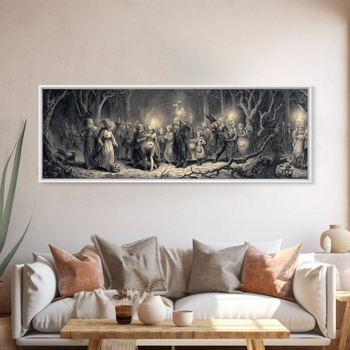 The Trick-Or-Treat Procession, Gothic Engraving Art, Extra Wide Wall Art, Dark Fantasy Wall Art, Framed Canvas Print, Spooky Wall Decor