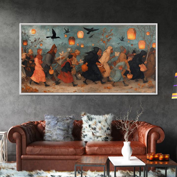 The Trick-Or-Treat Procession, Northern Renaissance Horror, Wide Panoramic Art, Dark Fantasy Wall Art, Canvas Print