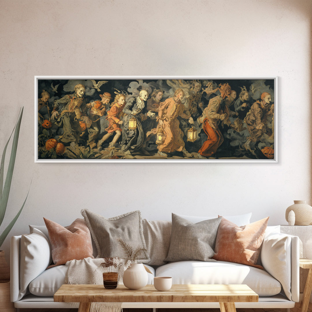 The Trick-Or-Treat Procession, Dark Renaissance Art, Extra Wide Wall Art, Dark Halloween Decor, Framed Canvas Print