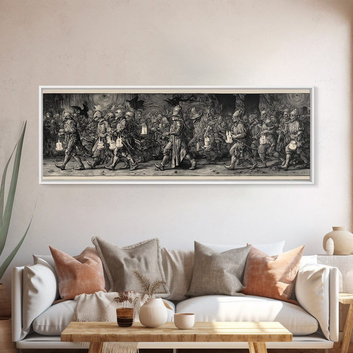 The Trick-Or-Treat Procession, Renaissance Engraving Art, Extra Wide Wall Art, Macabre Wall Art, Canvas Print, Halloween Wall Art
