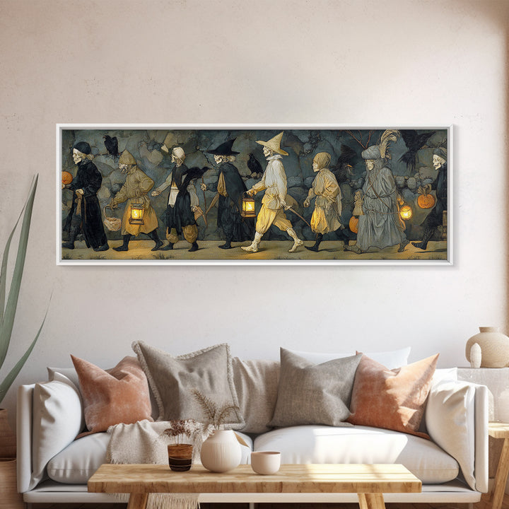 The Trick-Or-Treat Procession, Danse Macabre Art, Extra Wide Wall Art, Dark Halloween Decor, Canvas Print