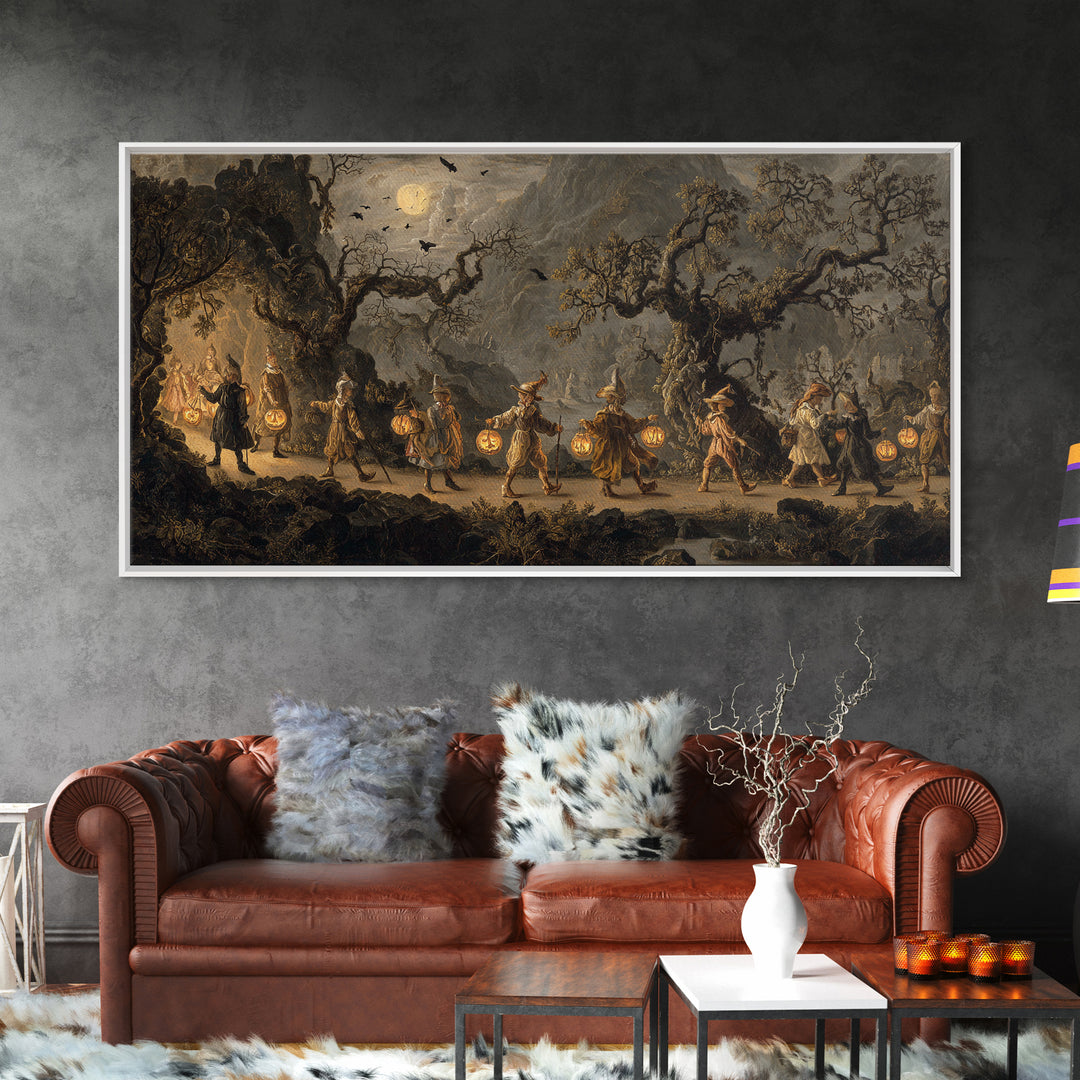 The Trick-Or-Treat Procession, Baroque Witchcraft Art, Wide Panoramic Art, Macabre Wall Art, Canvas Print, Halloween Wall Art