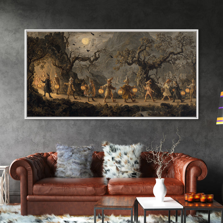 The Trick-Or-Treat Procession, Baroque Witchcraft Art, Wide Panoramic Art, Macabre Wall Art, Canvas Print, Halloween Wall Art