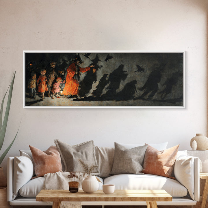 The Trick-Or-Treat Procession, Dark Romantic Horror Art, Extra Wide Wall Art, Gothic Horror Wall Art, Framed Canvas Print