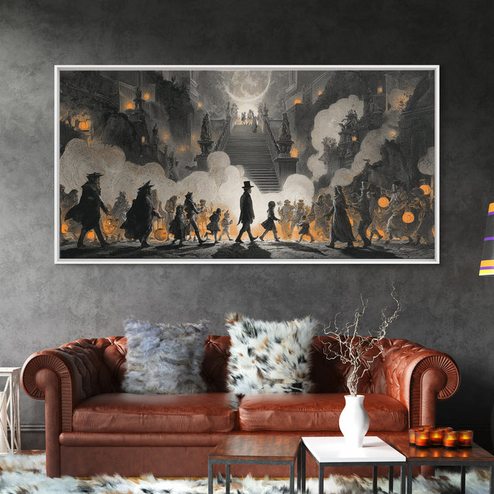 The Trick-Or-Treat Procession, Architectural Etching Art, Wide Panoramic Art, Macabre Wall Art, Framed Canvas Print