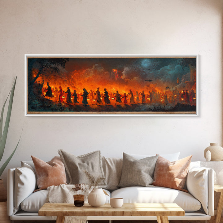 The Trick-Or-Treat Procession, Apocalyptic Romantic Art, Extra Wide Wall Art, Dark Halloween Decor, Framed Canvas Print, Halloween Wall Art