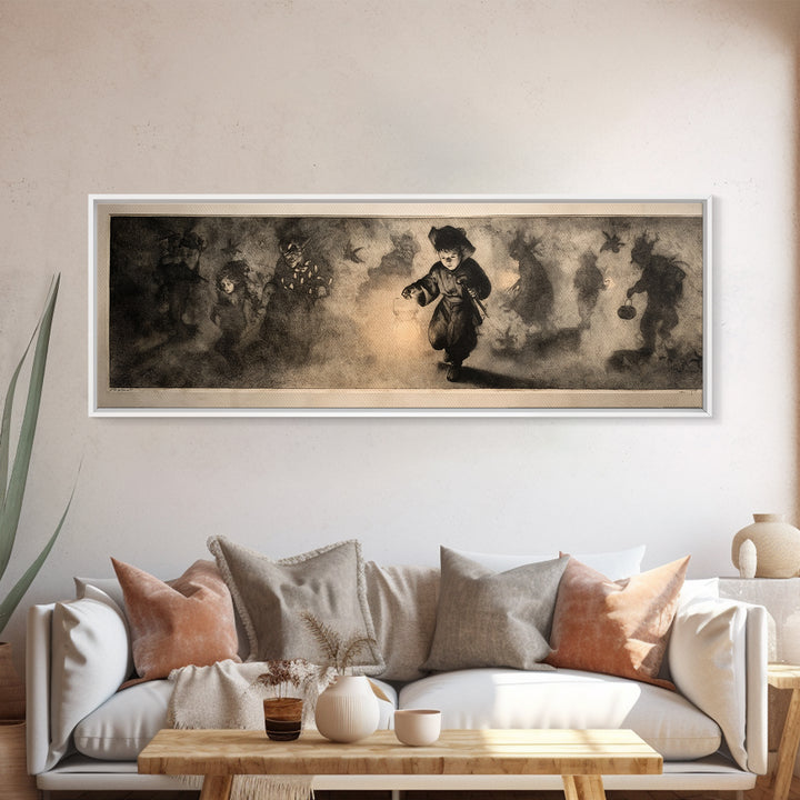 The Trick-Or-Treat Procession, Symbolist Dream Art, Extra Wide Wall Art, Dark Fantasy Wall Art, Canvas Print, Halloween Wall Art